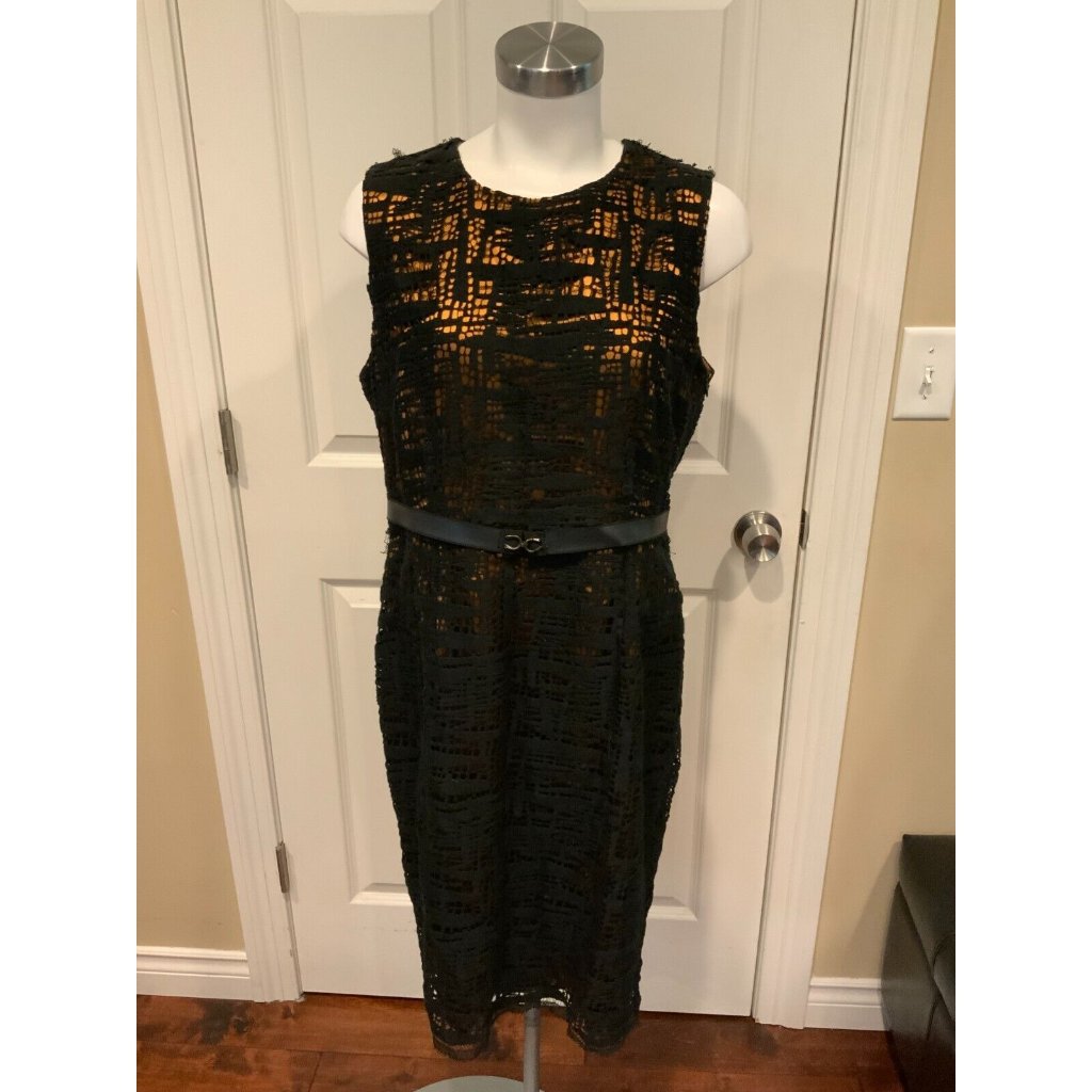 Ports 1961 Black Floral Lace Overlay Sleeveless Shift Dress W/ Belt, Size 12